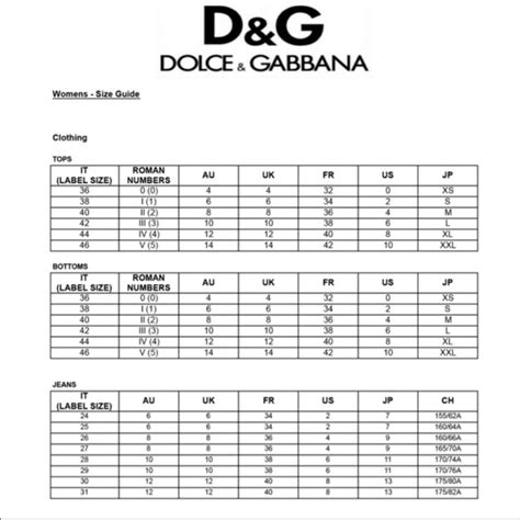 dolce gabbana jeans size chart